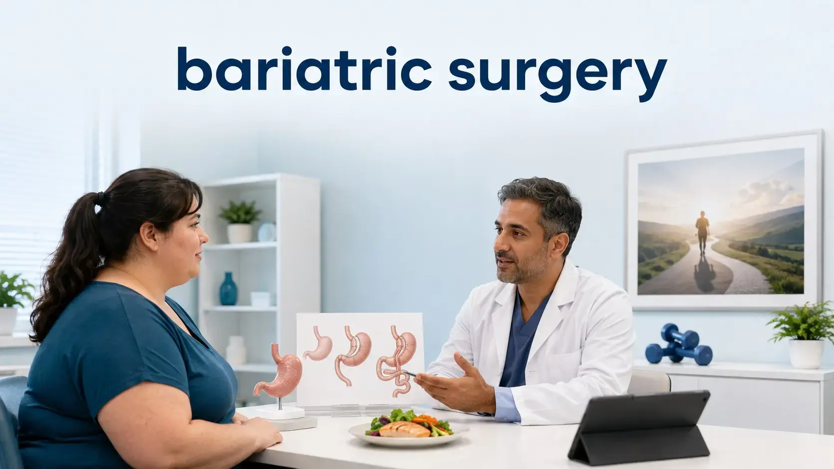 Bariatric surgery consultation showing stomach procedure options heart health diabetes care nutrition follow up and long term monitoring