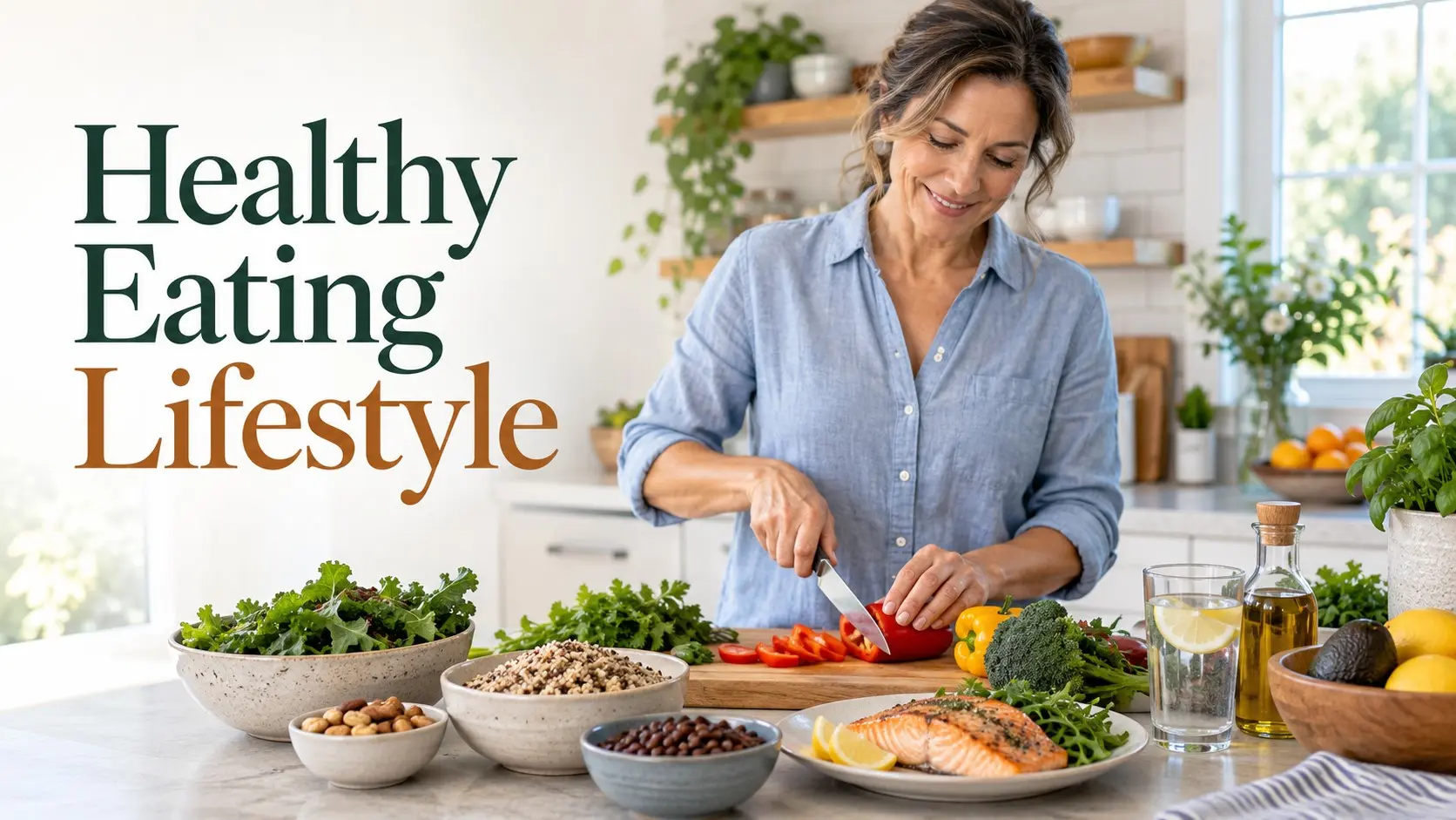 Healthy Eating Lifestyle with balanced meals vegetables fruit whole grains protein and healthy fats