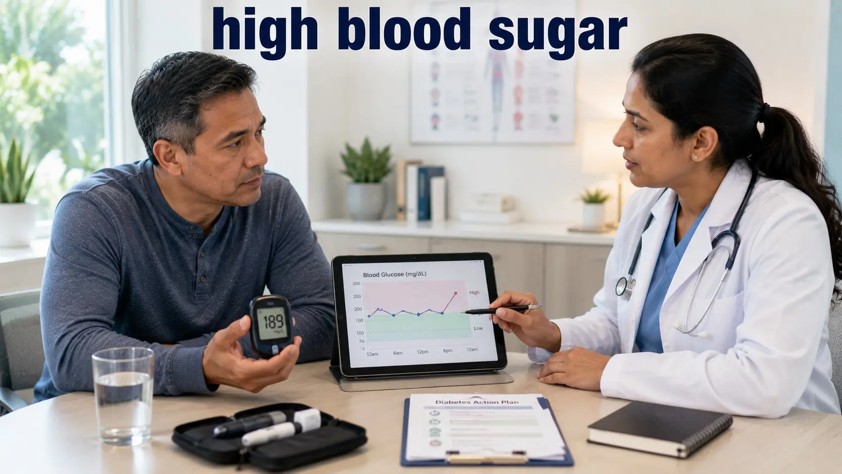 Patient reviews a high blood sugar reading and safe next steps with a diabetes healthcare professional