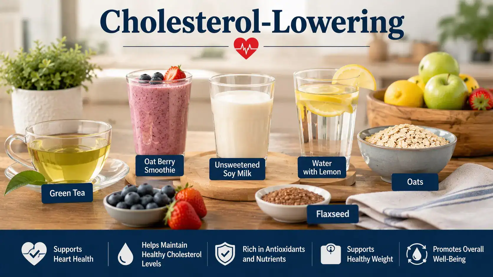 best natural drinks to lower cholesterol - Heart healthy drinks including water, green tea, oat smoothie, unsweetened soy milk, berry smoothie, and filtered coffee beside oats, berries, and a heart symbol.