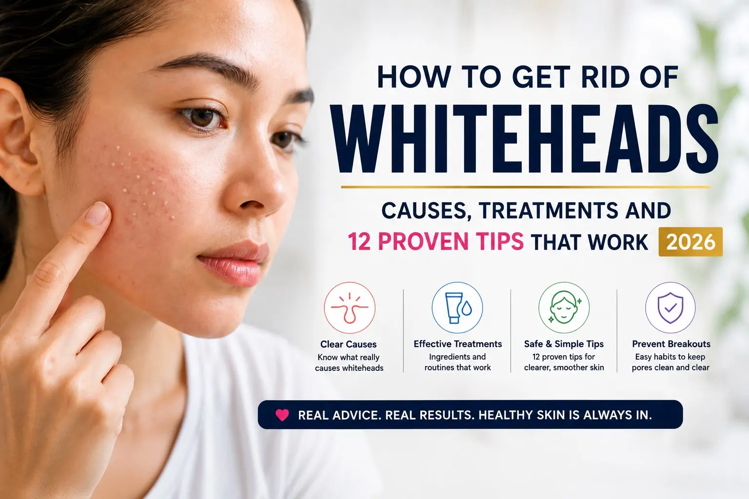 Woman examining whiteheads on her cheek beside the text โHow to Get Rid of Whiteheadsโ