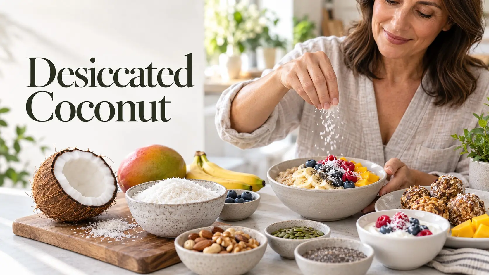 Desiccated Coconut with fresh coconut oatmeal yogurt fruit nuts seeds and balanced meal ideas