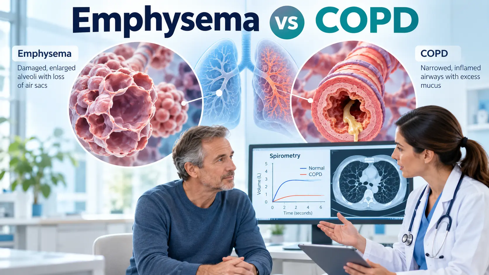 Emphysema vs COPD comparison showing damaged alveoli and narrowed airways