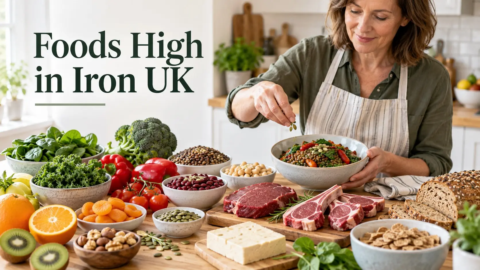Foods High in Iron UK with beef lentils beans tofu fortified cereal seeds green vegetables and vitamin C foods