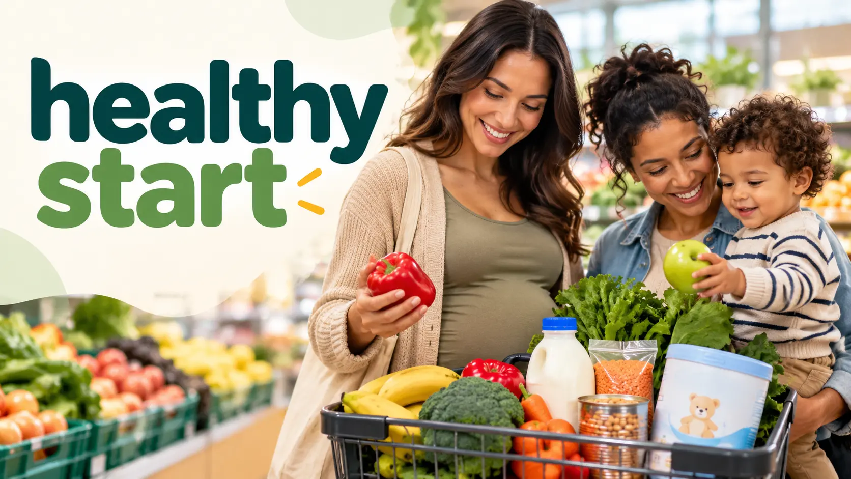 Healthy Start family shopping for fruit, vegetables, milk and infant formula