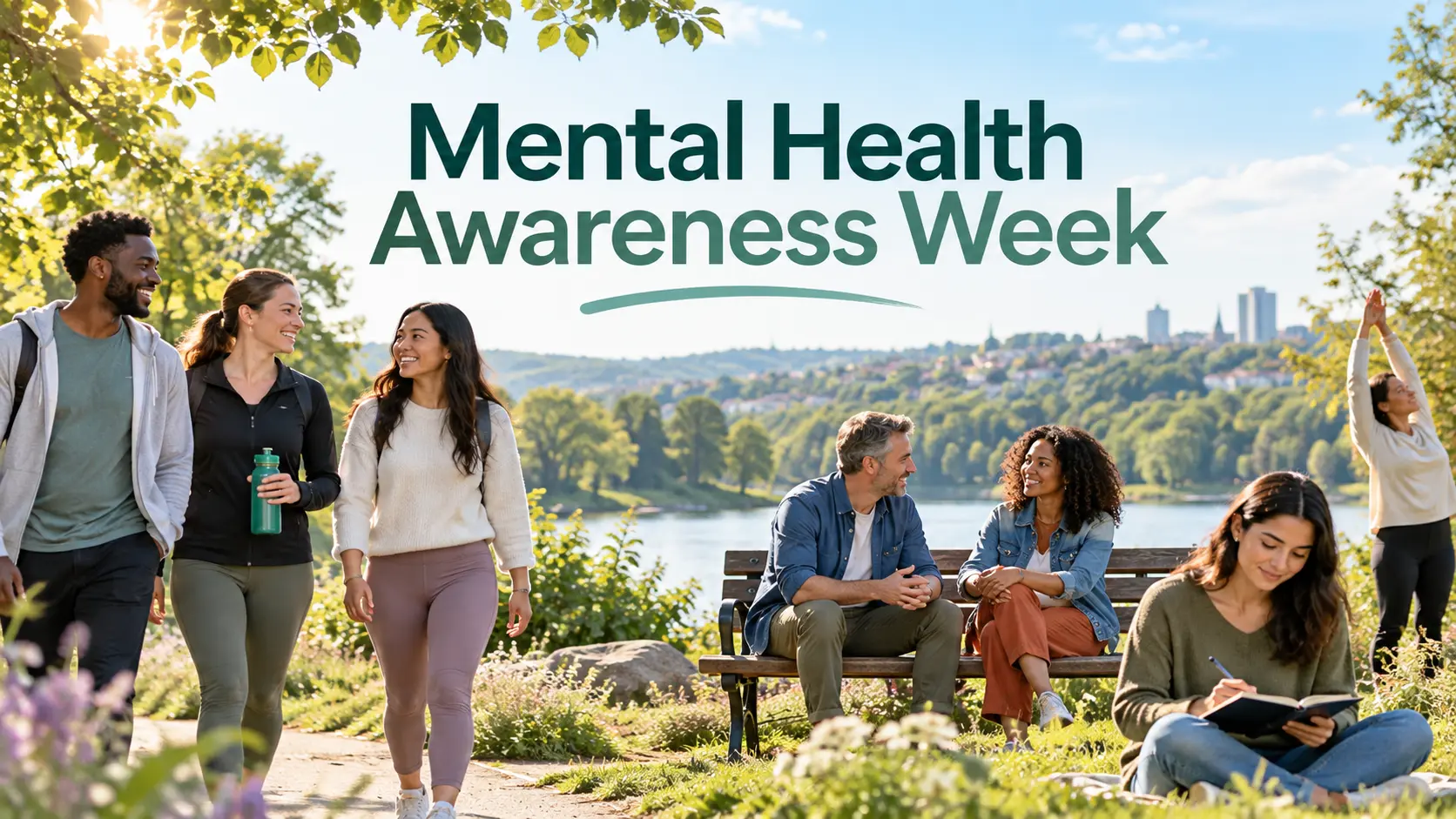 Mental Health Awareness Week with people taking positive actions for mental wellbeing