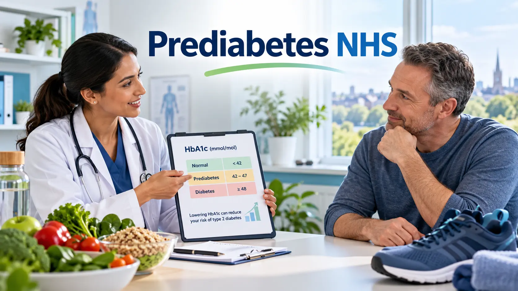 Prediabetes NHS consultation with HbA1c test and healthy lifestyle choices