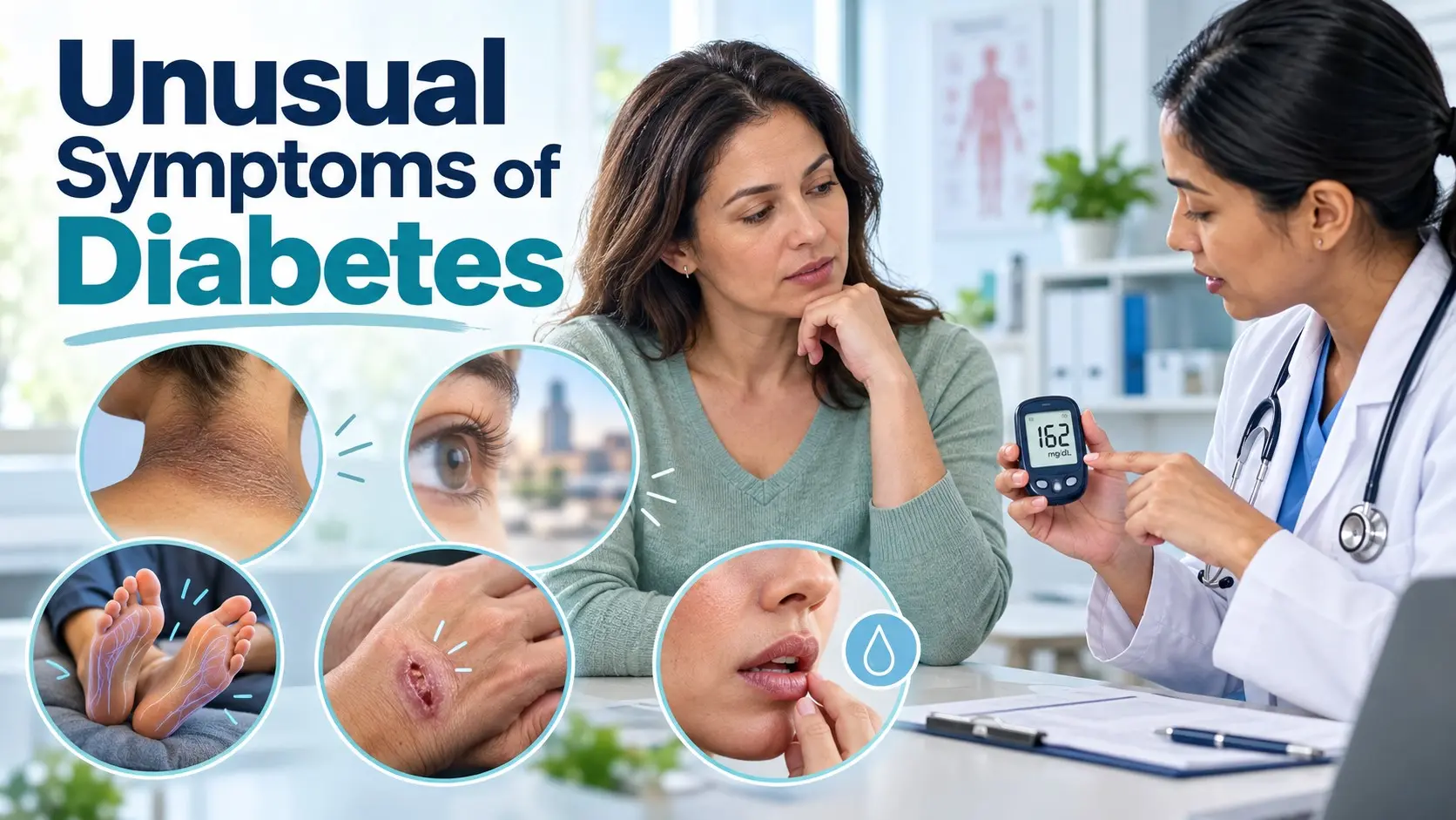 Unusual Symptoms of Diabetes including skin changes, tingling, blurred vision and slow healing