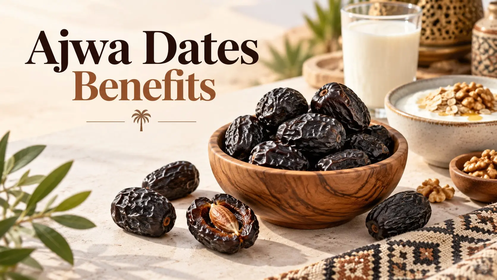 Ajwa Dates Benefits with dark Ajwa dates yogurt oats walnuts milk and a balanced whole food serving