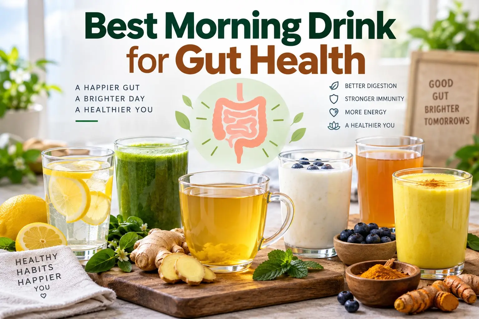Best Morning Drink for Gut Health with water kefir yogurt smoothie prune juice coffee ginger tea psyllium water and peppermint tea
