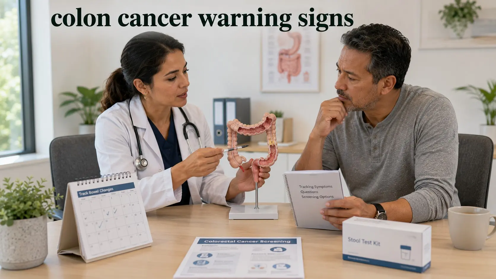 colon cancer symptoms - Adult discusses persistent bowel changes and colorectal cancer screening with a gastroenterologist using a colon model