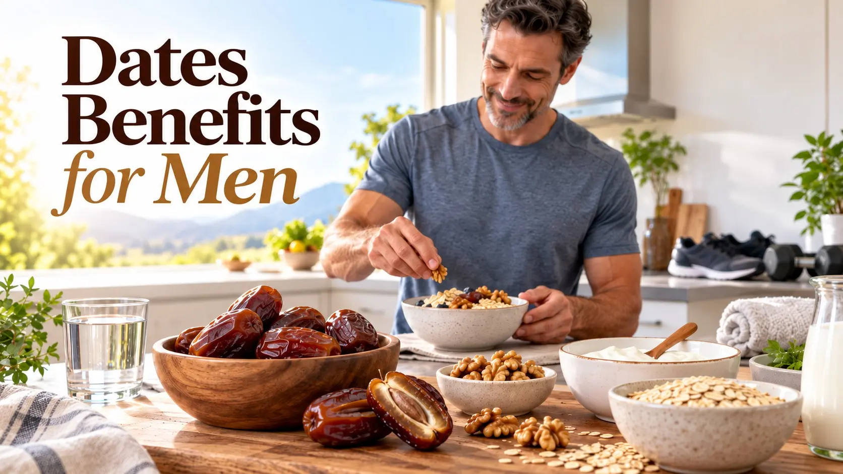 Dates Benefits for Men with whole dates Greek yogurt oats walnuts milk and a balanced men's nutrition and fitness snack