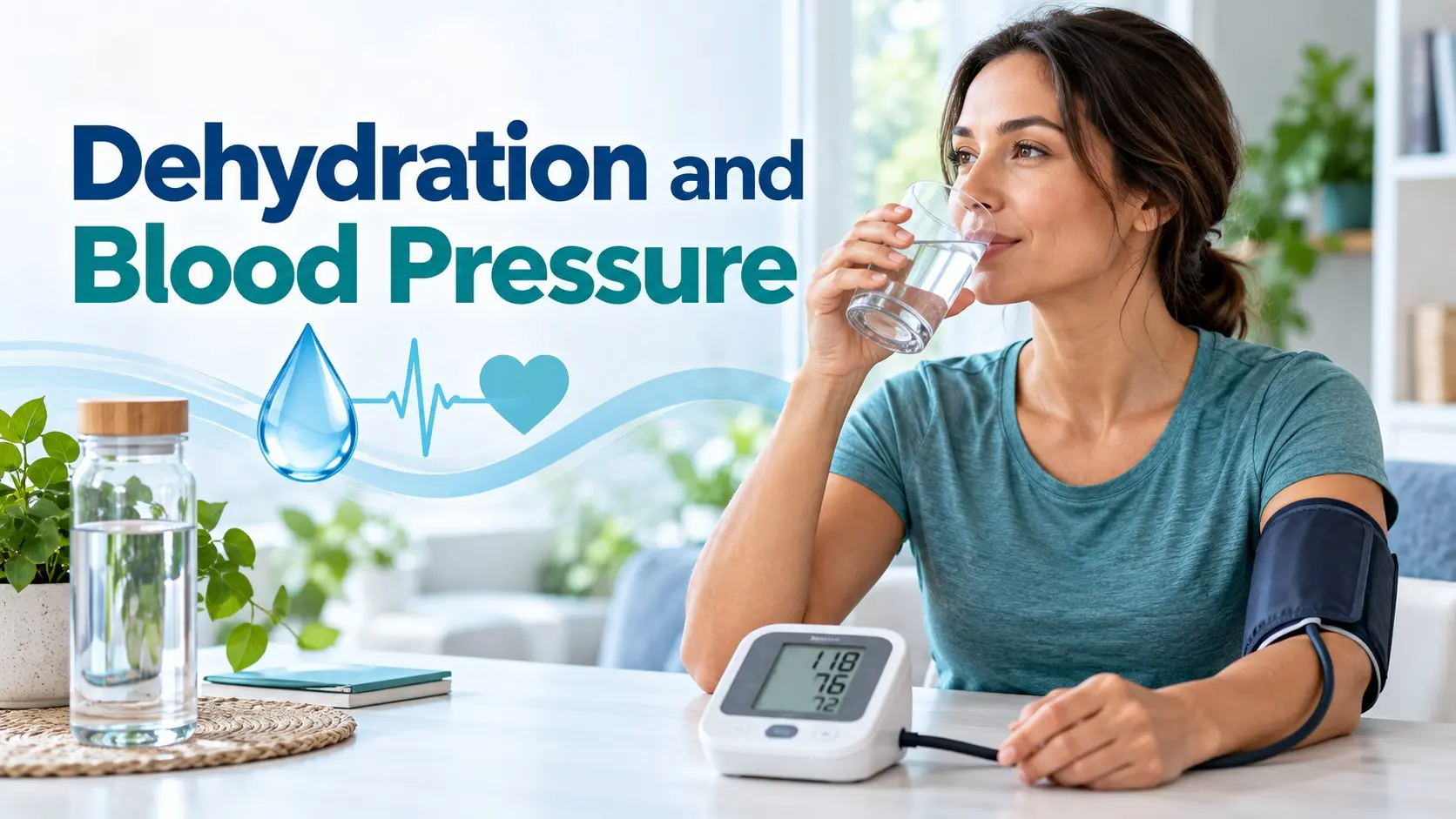 Dehydration and Blood Pressure shown with water, dizziness and a home blood pressure monitor