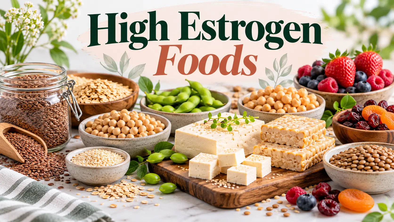 High Estrogen Foods including soy, flaxseed, sesame, legumes and other phytoestrogen sources