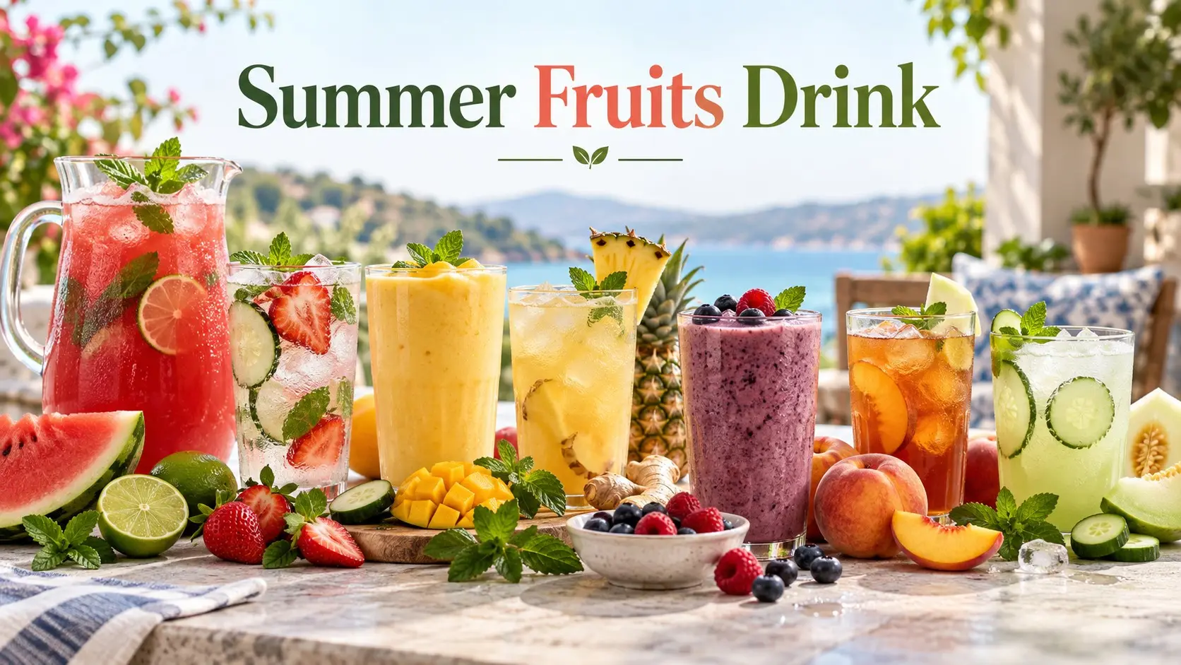 Summer Fruits Drink with watermelon mint strawberry cucumber mango pineapple berry peach and honeydew refreshing homemade drinks