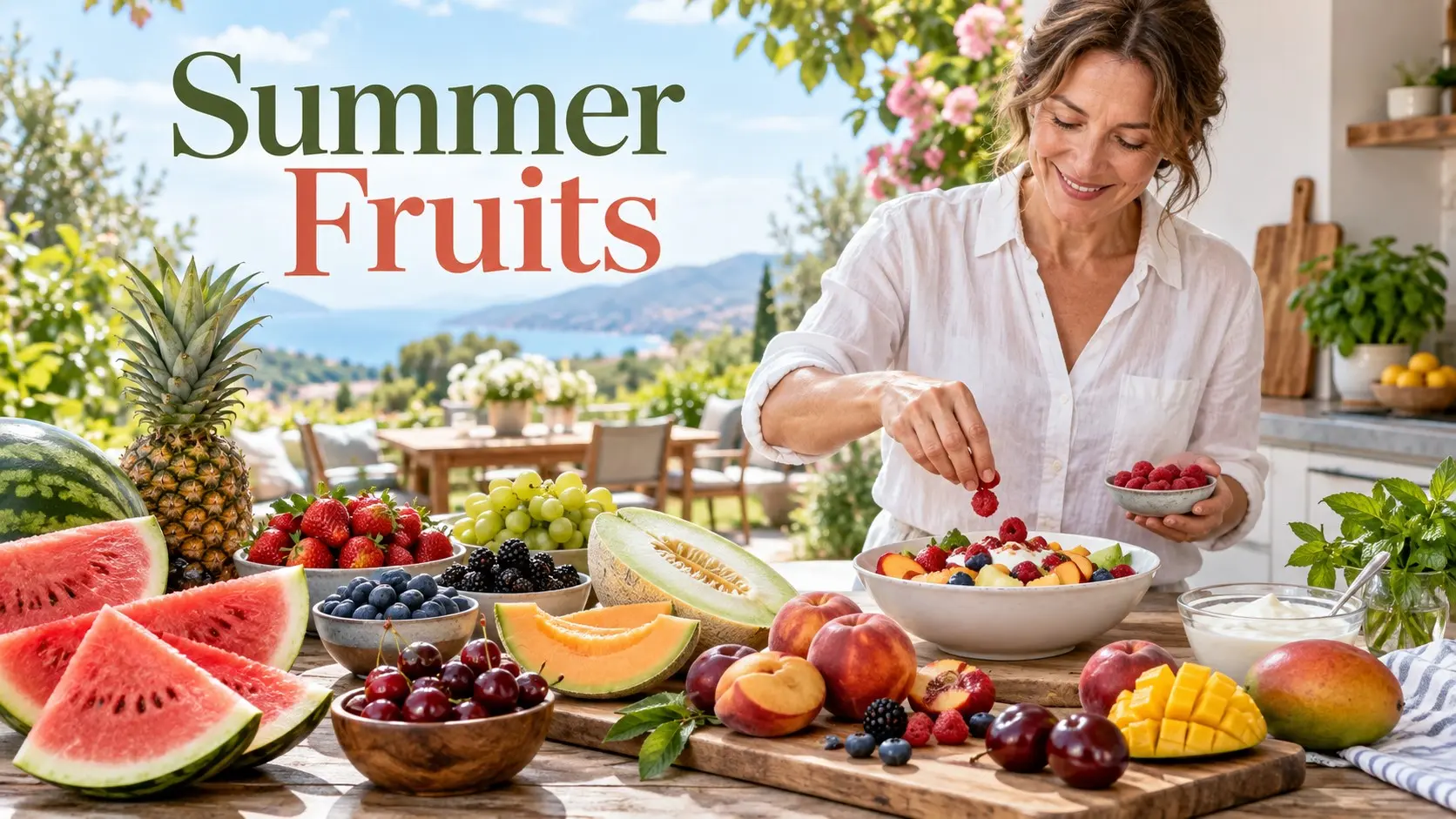 Summer Fruits with watermelon strawberries berries cherries peaches mango pineapple grapes cantaloupe honeydew nectarines and plums
