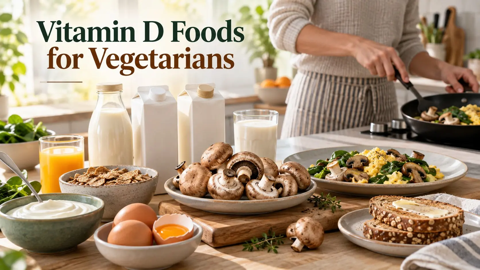 Vitamin D Foods for Vegetarians with UV exposed mushrooms fortified plant milk eggs yogurt cereal orange juice and fortified dairy milk