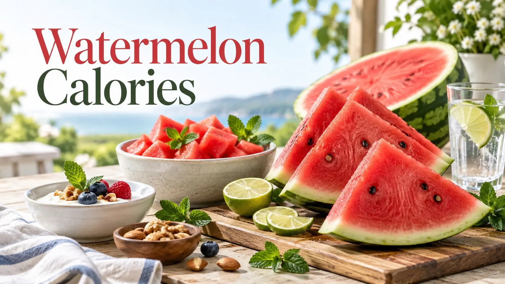 Watermelon Calories with fresh watermelon wedges diced fruit yoghurt mint lime and balanced snack ideas