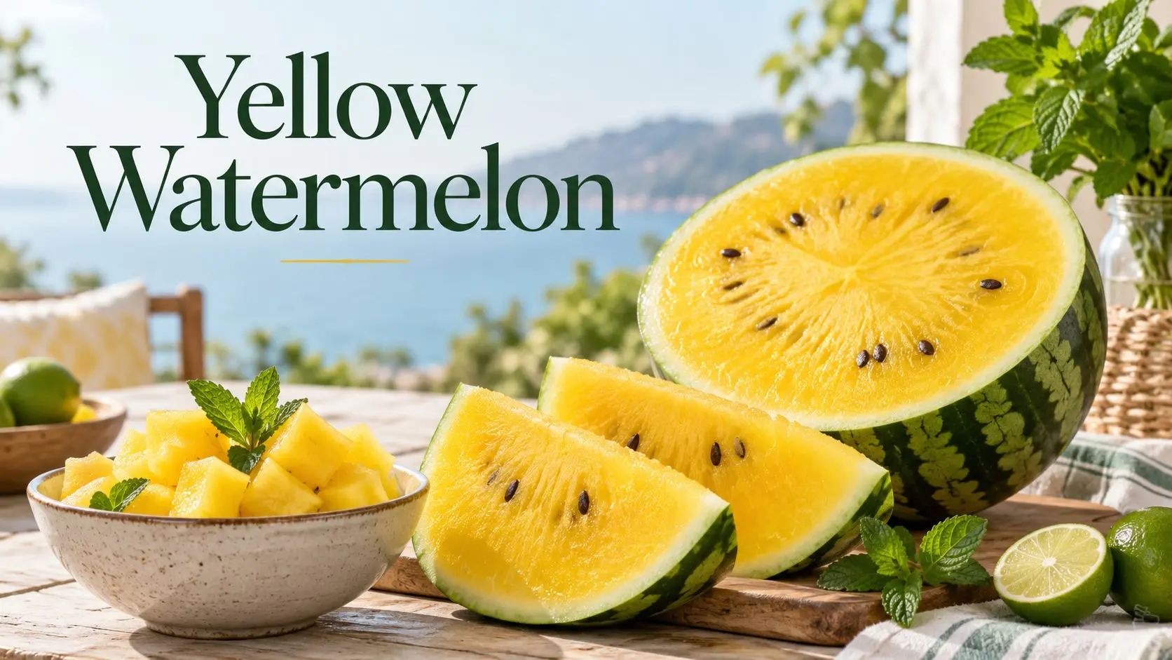 Yellow Watermelon with golden yellow flesh slices cubes mint lime and healthy summer serving ideas