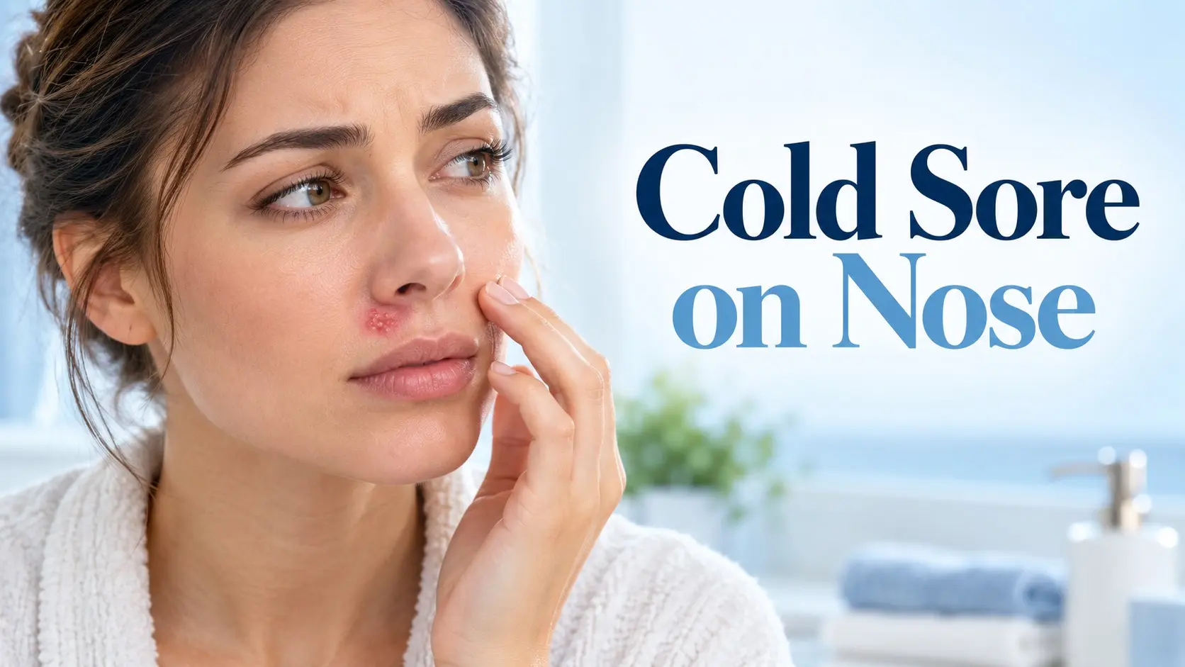 Cold sore on nose with small herpes blisters at the outer nostril and gentle care items nearby