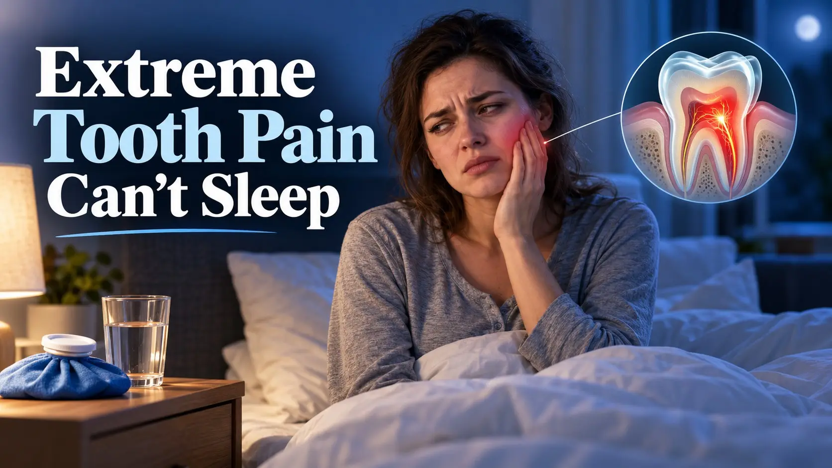 Extreme tooth pain can't sleep with severe nighttime toothache and an inflamed tooth illustration