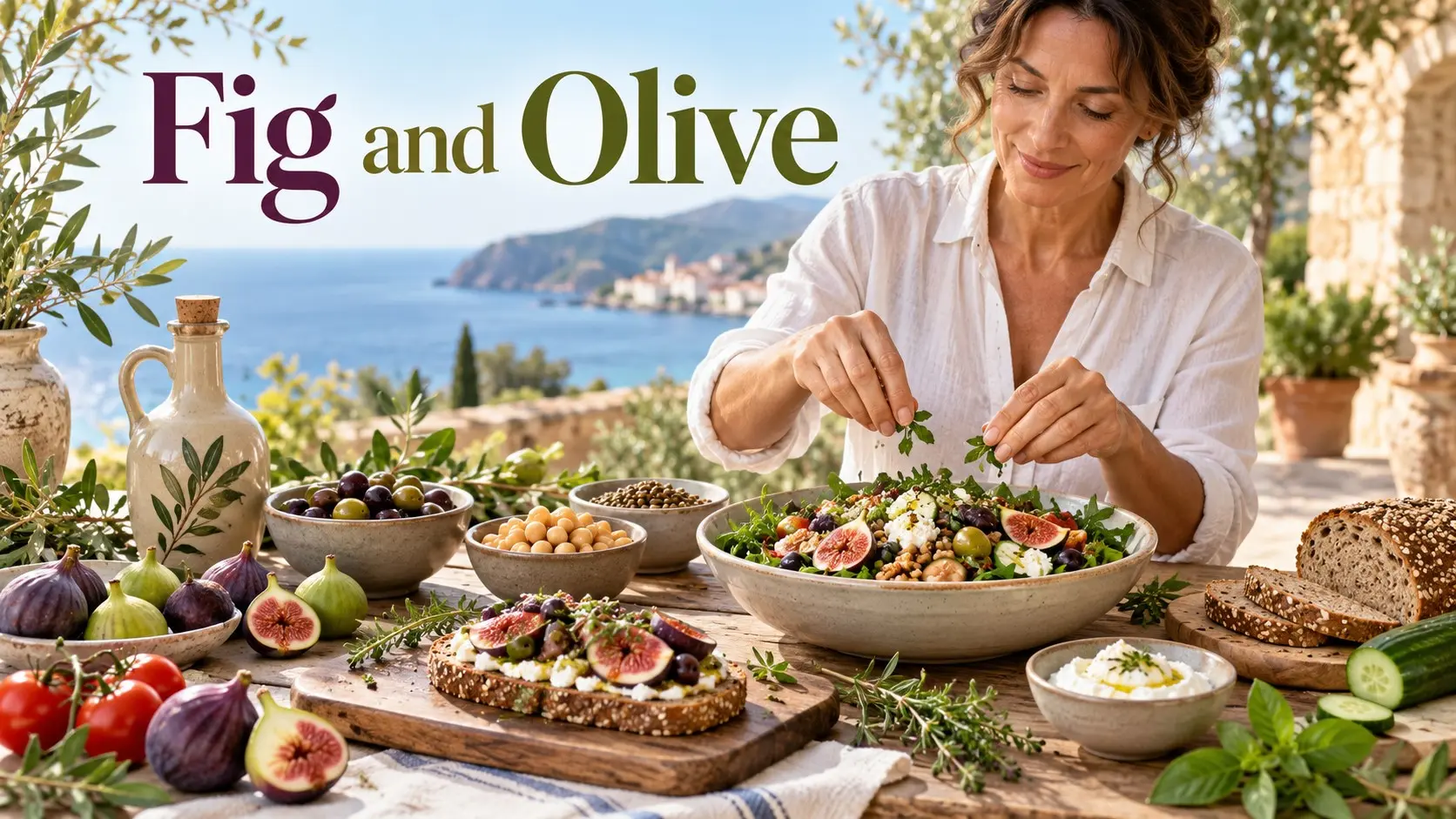 Fig and Olive with fresh figs green and black olives olive oil whole grain bread chickpeas salad walnuts and Mediterranean foods