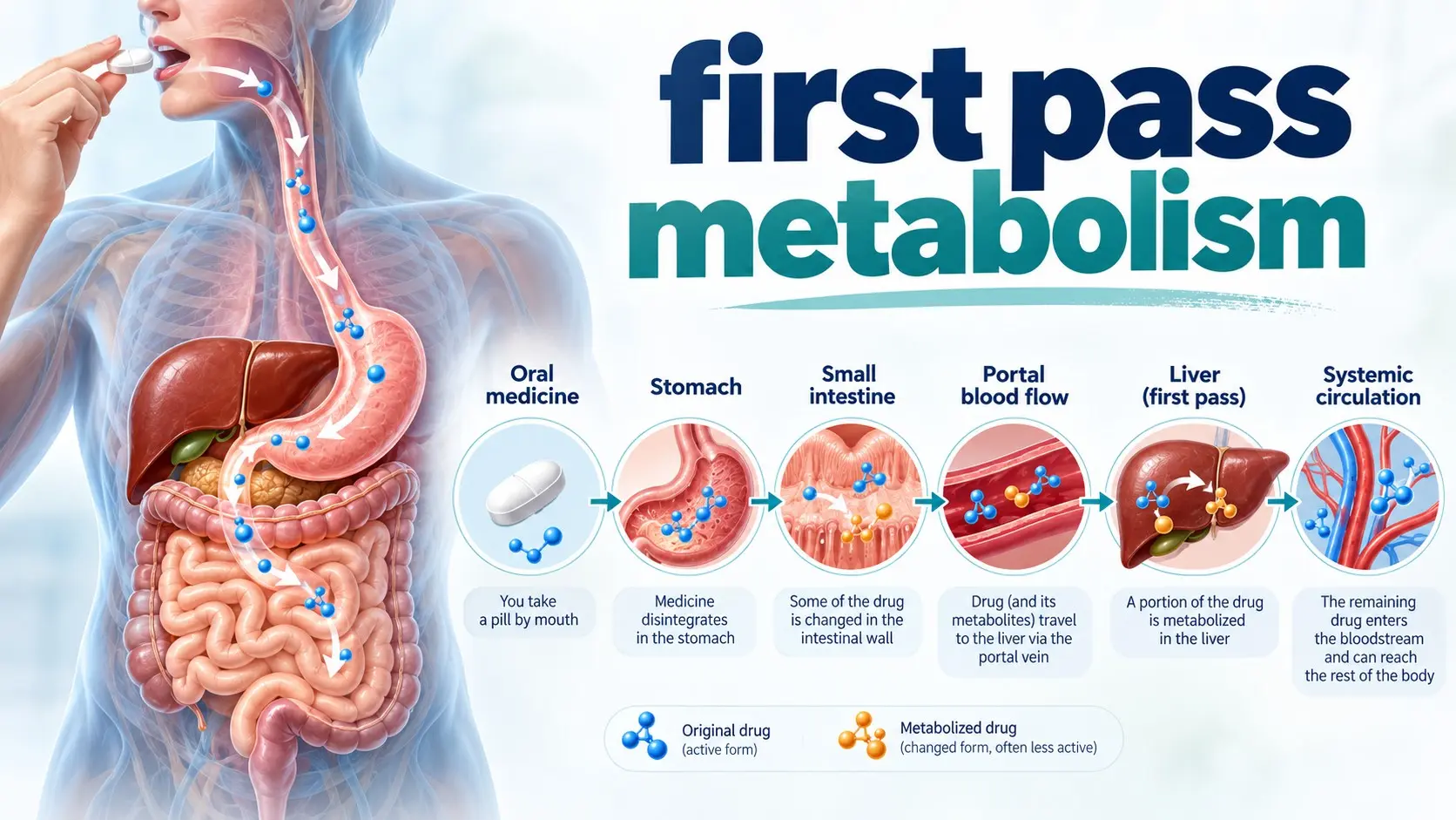 First pass metabolism showing an oral drug moving through the intestine and liver before systemic circulation
