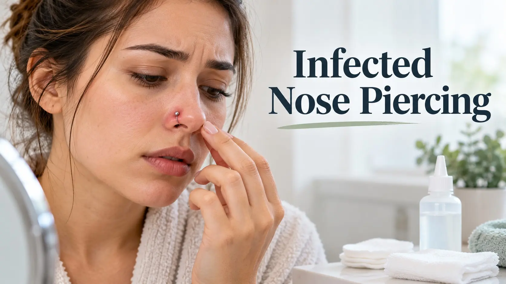 Infected nose piercing with mild redness and swelling shown beside sterile saline for safe aftercare
