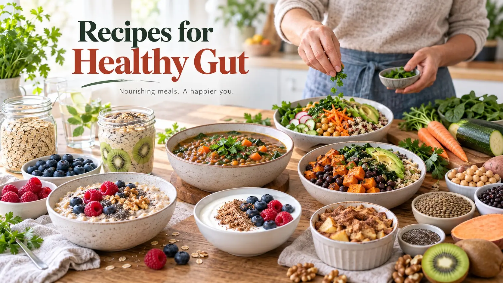 Recipes for Healthy Gut with oats berries yogurt kefir lentils chickpeas beans whole grains vegetables chia flax and fermented foods