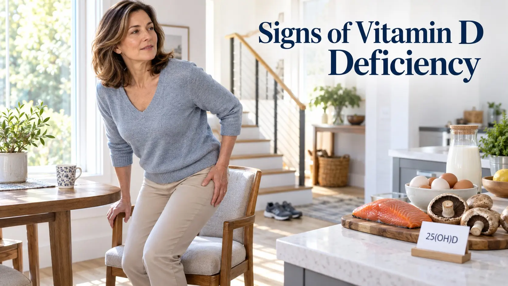 Signs of Vitamin D Deficiency with an adult experiencing muscle weakness near stairs and vitamin D foods with a 25 hydroxyvitamin D test reference