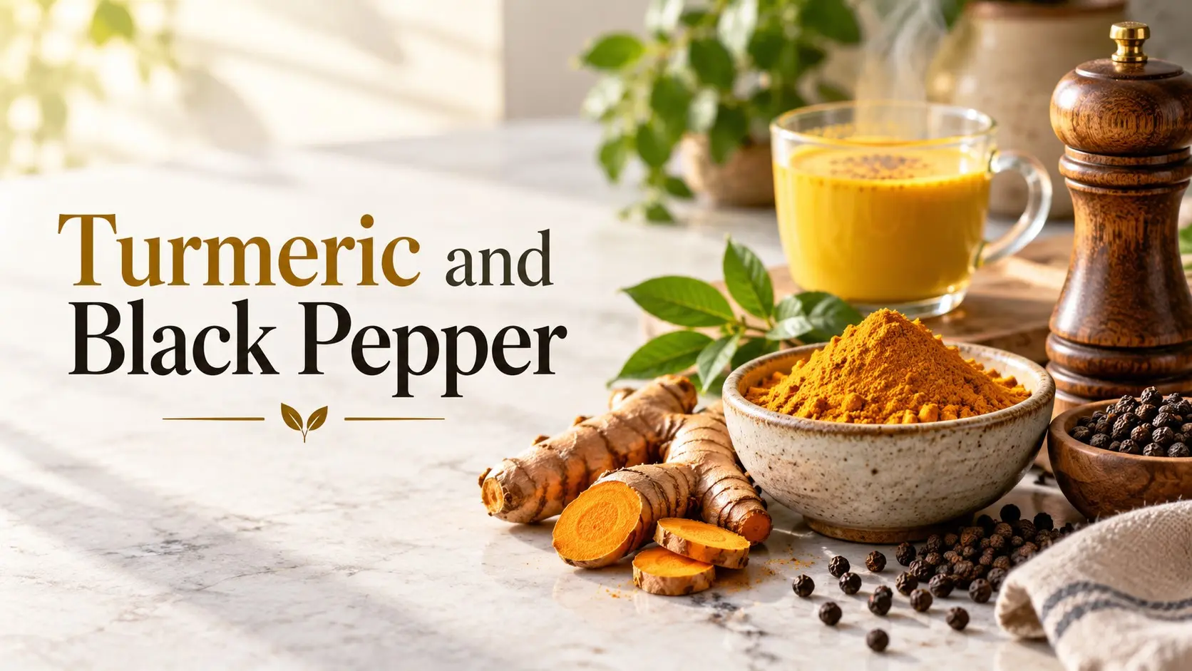 Turmeric and Black Pepper - Fresh turmeric root, turmeric powder, and black peppercorns