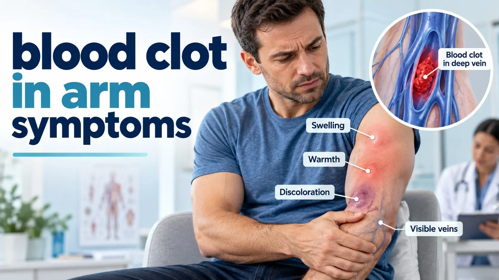 Blood clot in arm symptoms including swelling, pain, warmth, discoloration, visible veins, and upper extremity DVT