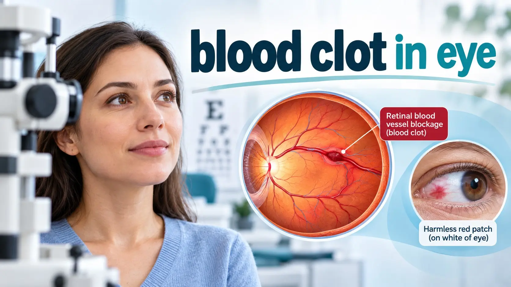 Blood clot in eye showing retinal artery occlusion, retinal vein occlusion, eye stroke risk, and a broken surface blood vessel