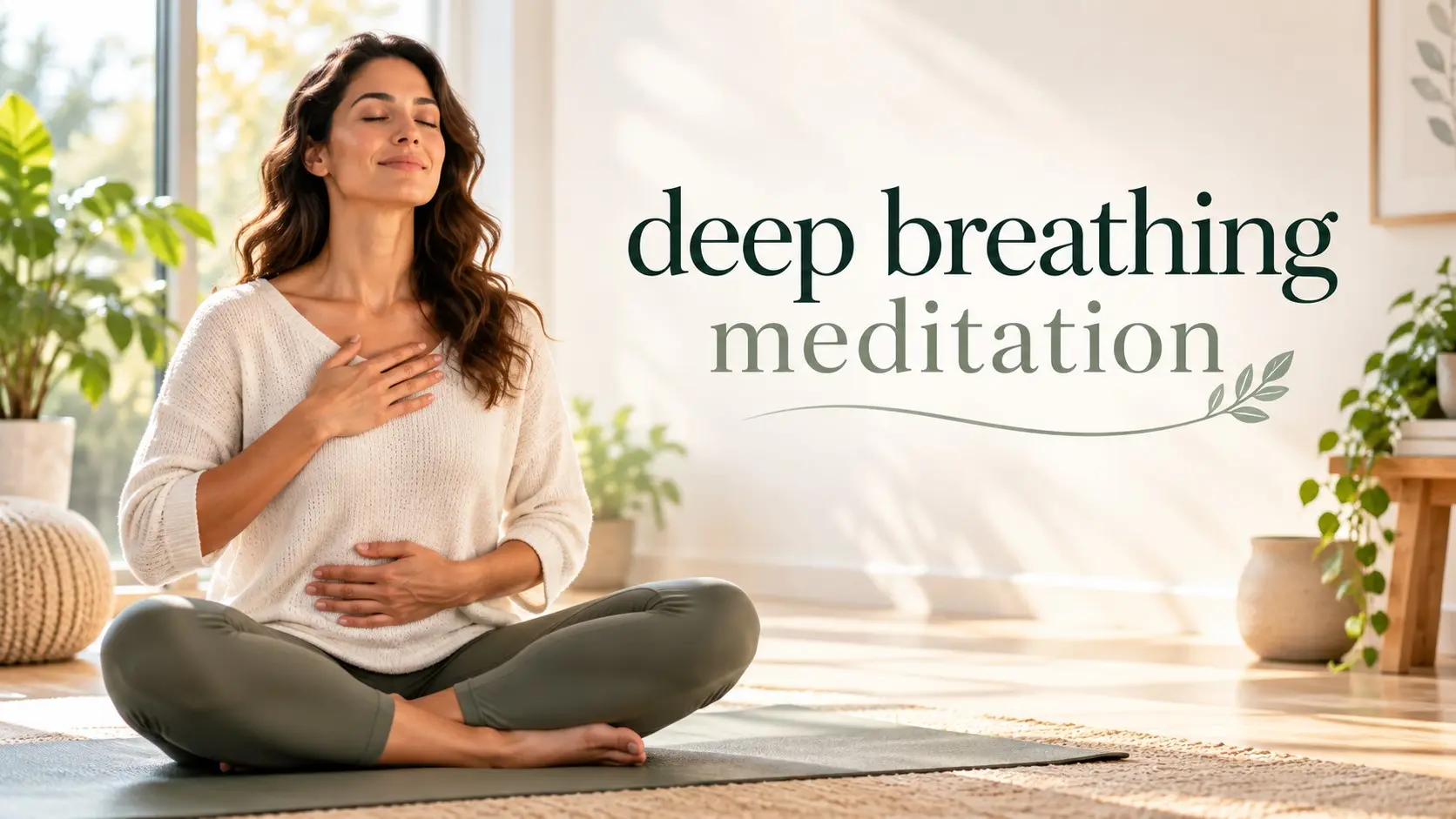 Deep breathing meditation with an adult practicing slow diaphragmatic breathing for relaxation