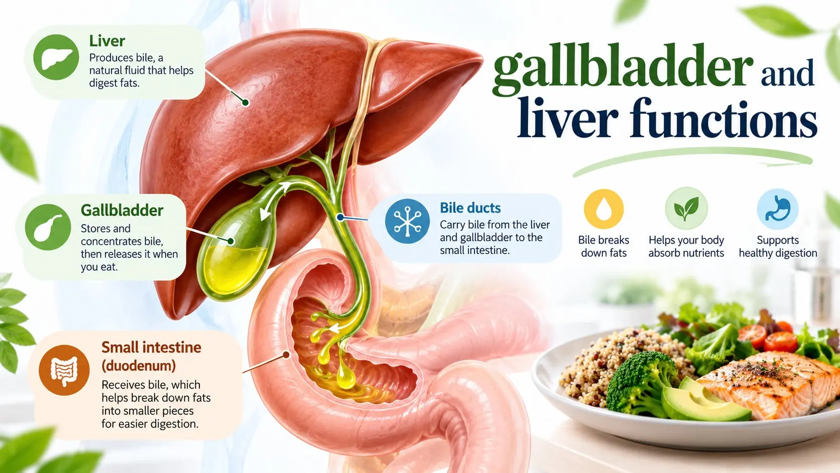 Gallbladder and liver functions showing bile production, bile storage, bile ducts, and fat digestion