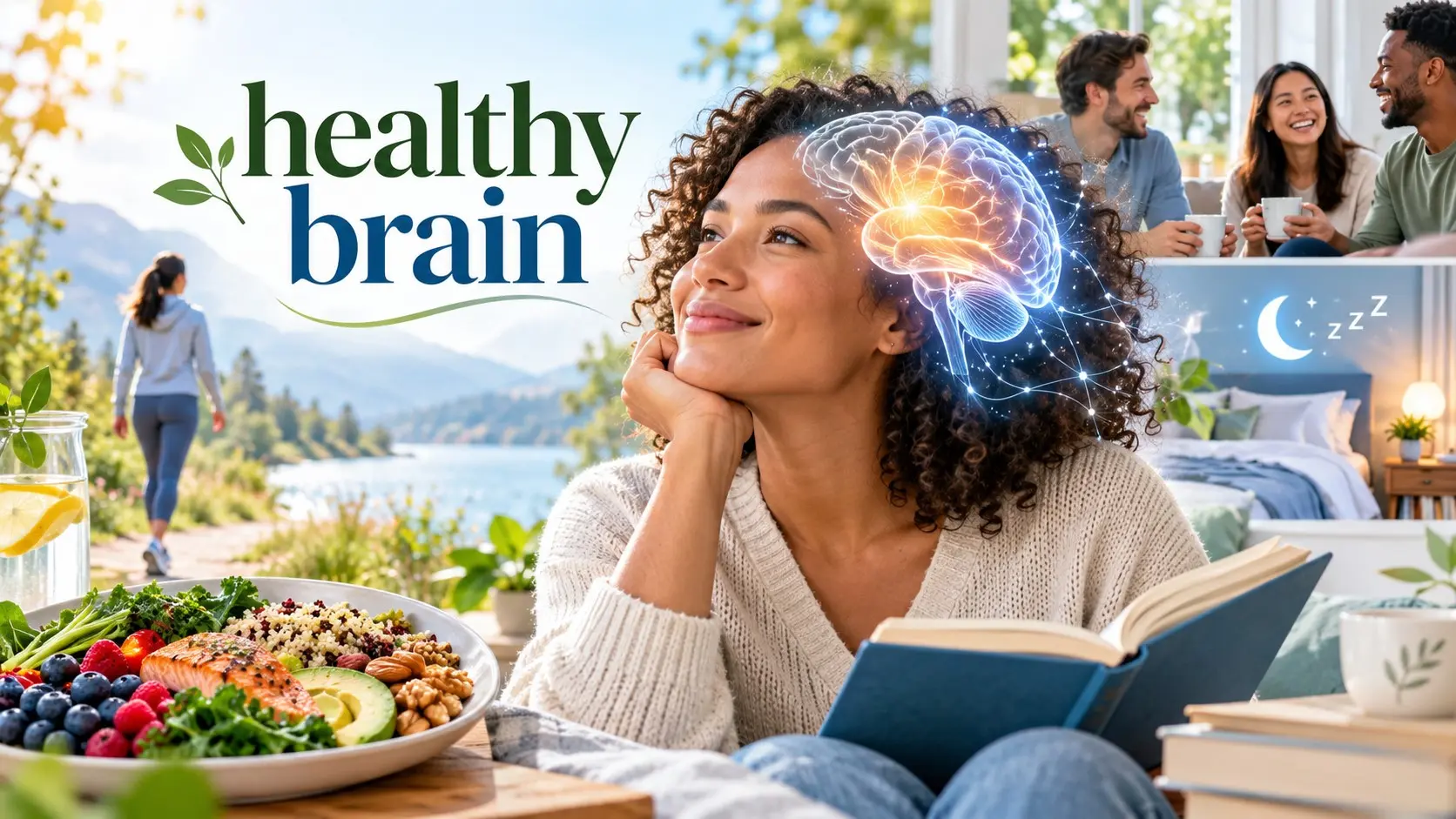Healthy brain habits including exercise, sleep, learning, social connection, nutritious food, hearing care, and blood pressure control