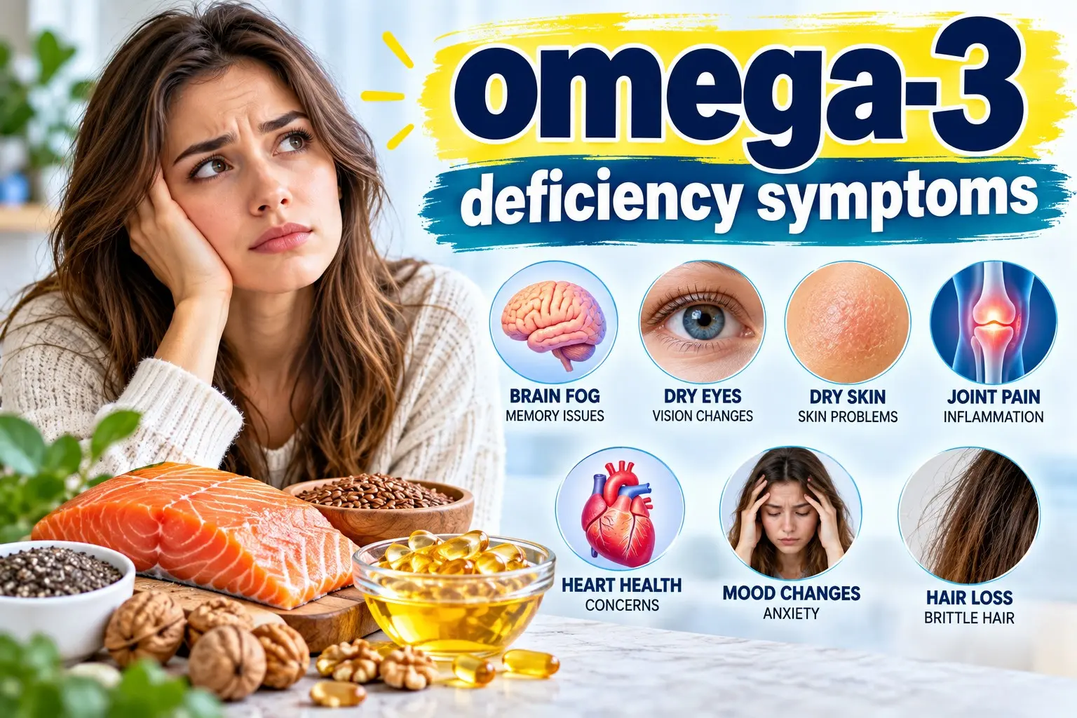 Omega-3 deficiency symptoms showing rough scaly skin with salmon, sardines, walnuts, chia seeds, flaxseed and omega 3 food sources
