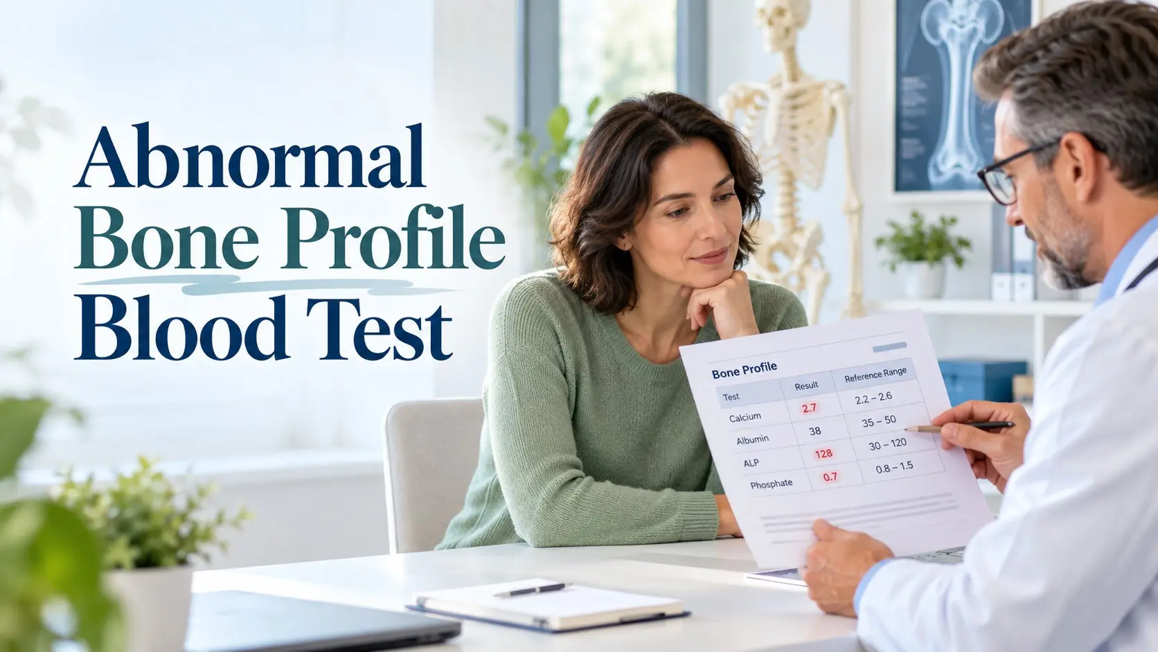 Abnormal bone profile blood test showing calcium, albumin, ALP and phosphate results being reviewed with a doctor
