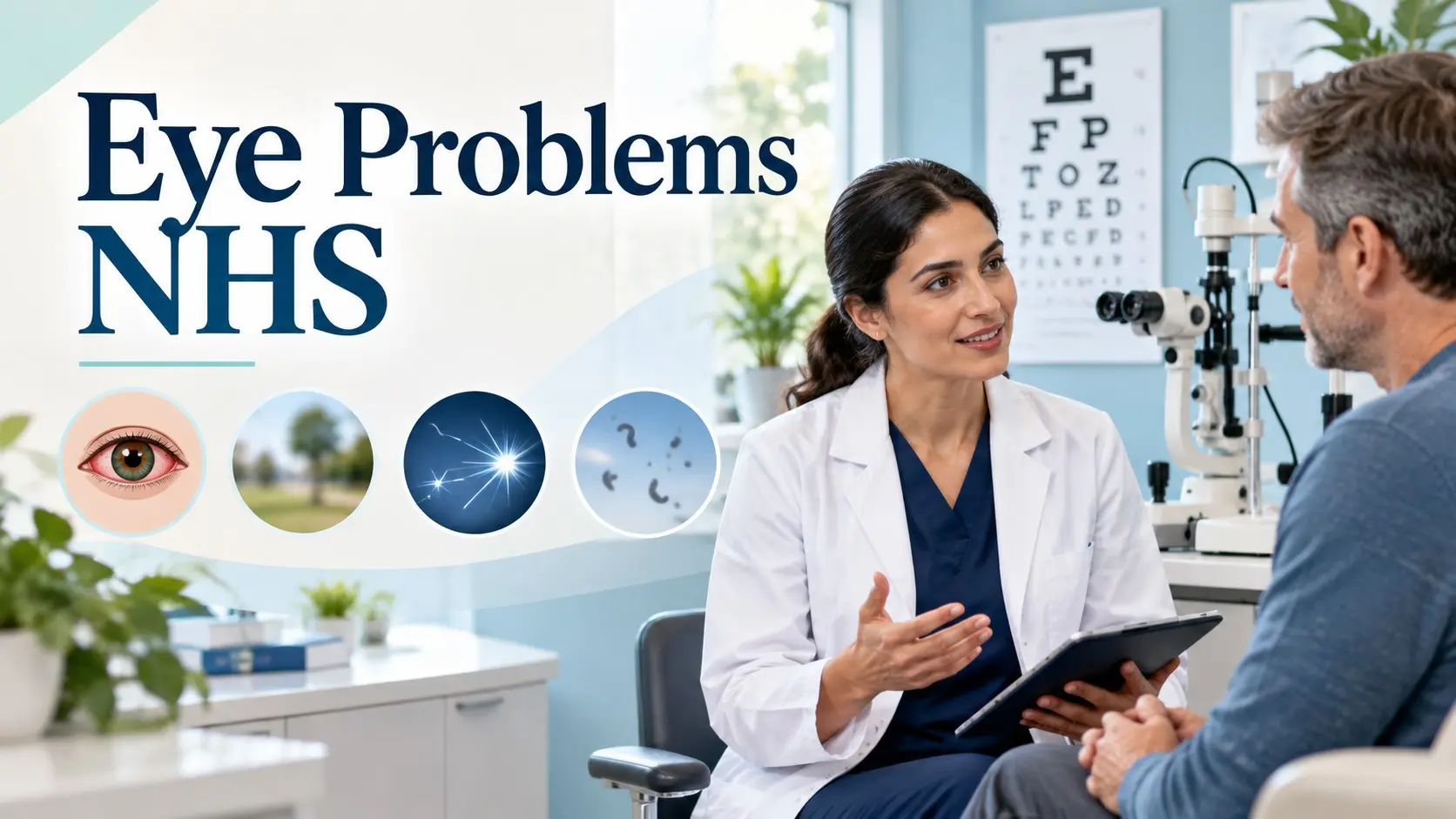 Eye problems NHS guide showing common symptoms, urgent warning signs, and professional eye examination