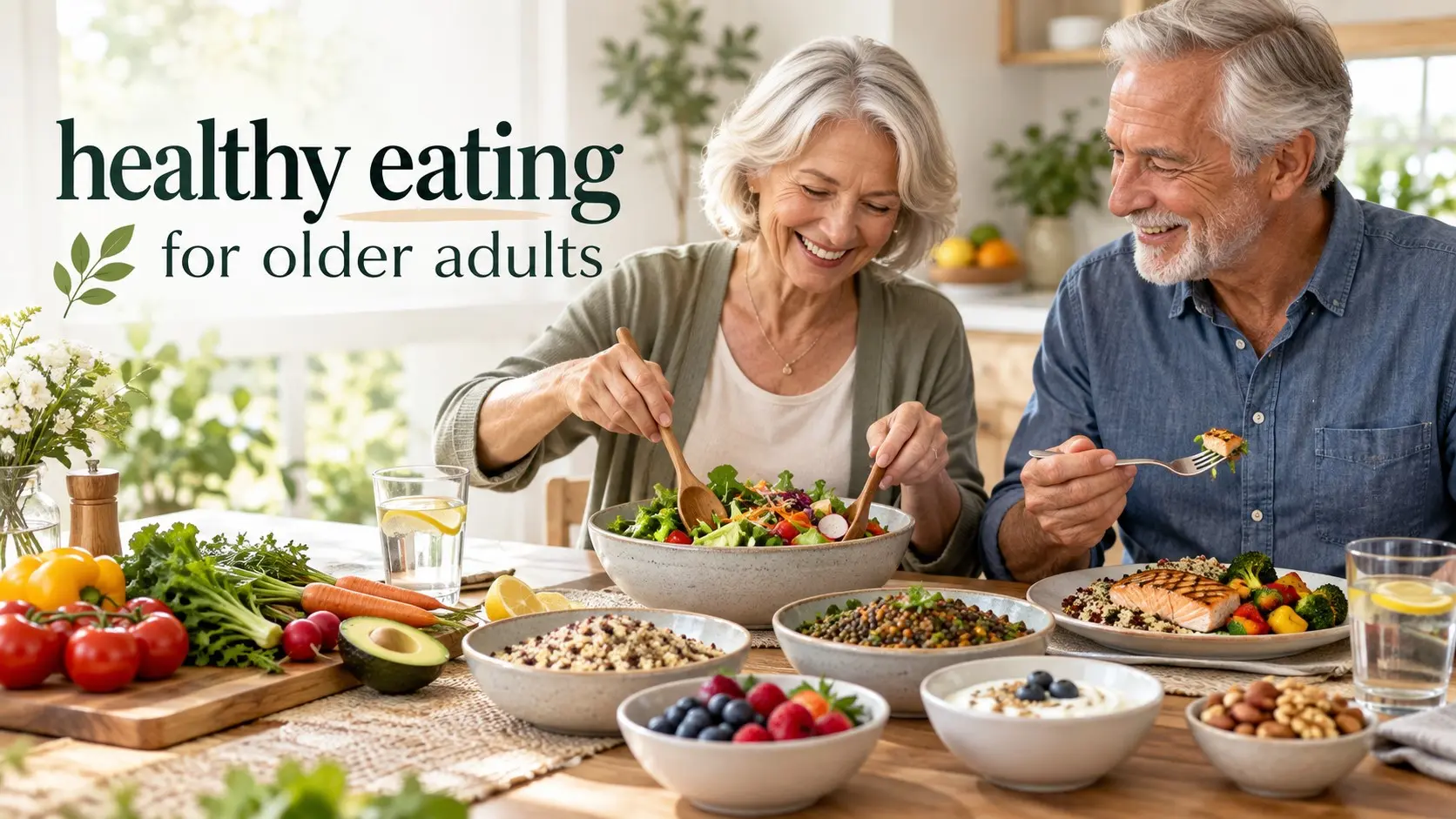 Healthy eating for older adults with a balanced meal of vegetables, whole grains, protein, fruit, and water