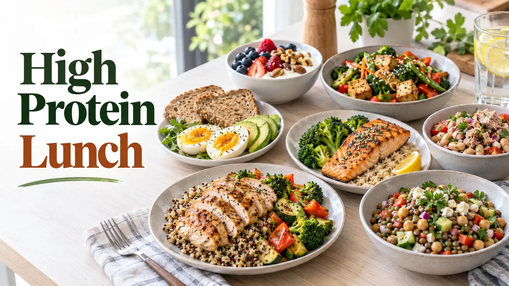 High Protein Lunch with chicken salmon lentils yogurt eggs tofu and vegetables