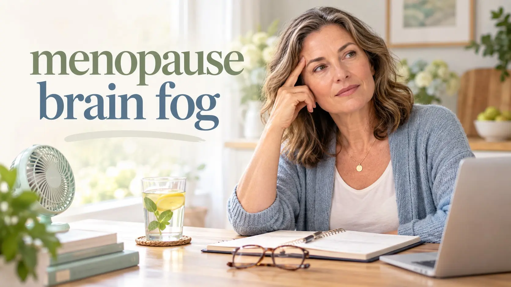 Menopause brain fog affecting memory and concentration in a midlife woman using a notebook to support mental clarity