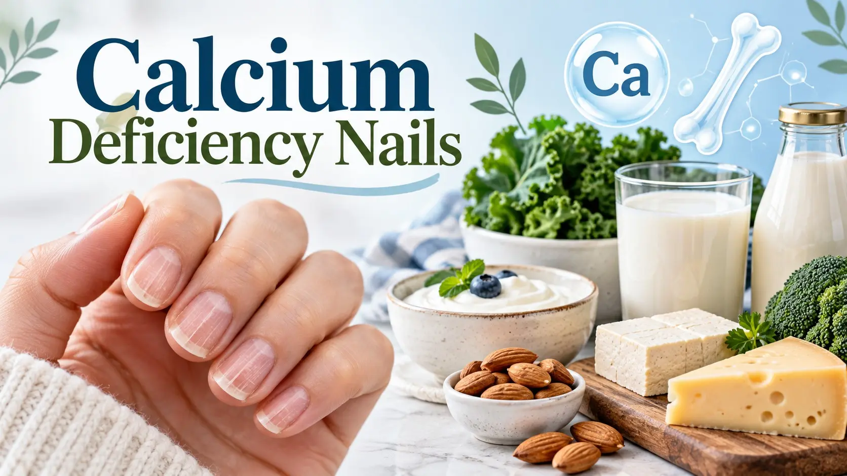 Calcium deficiency nails guide showing brittle nail concerns, calcium rich foods, testing, and other common causes of nail changes