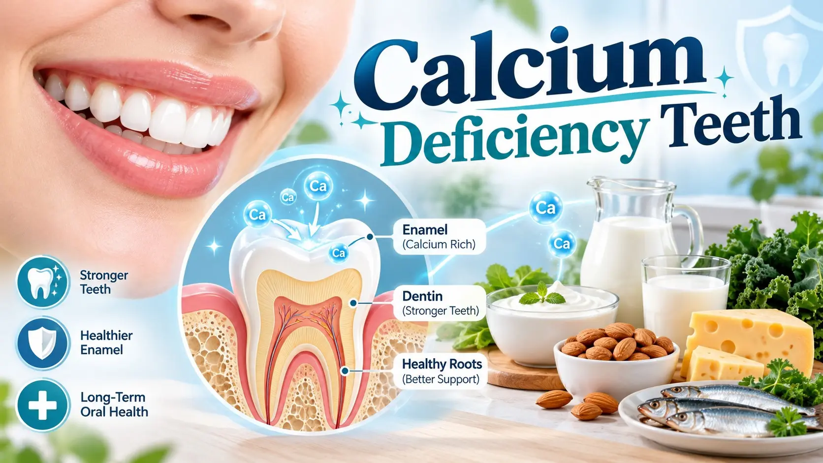 Calcium deficiency teeth guide showing tooth enamel, calcium rich foods, remineralisation, bone health, and cavity prevention