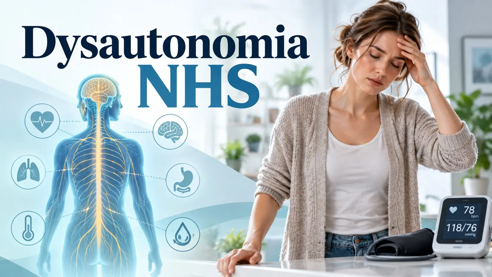 Dysautonomia NHS guide showing PoTS, autonomic nervous system symptoms, heart rate, blood pressure, diagnosis, and treatment