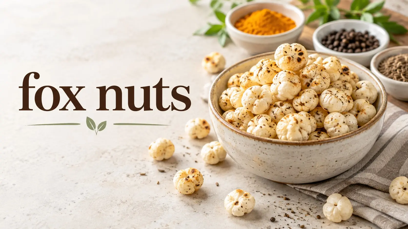 Fox Nuts in a bowl with plain roasted makhana and simple spices