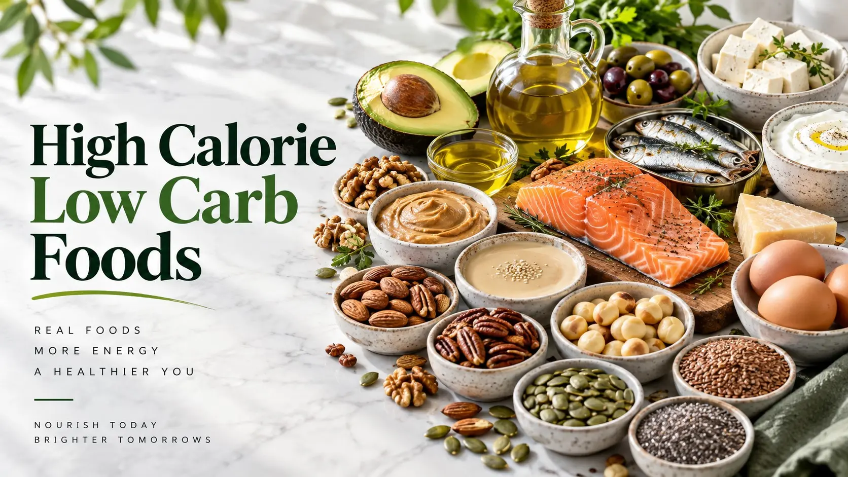 High Calorie Low Carb Foods including avocado nuts seeds olive oil eggs salmon and yogurt
