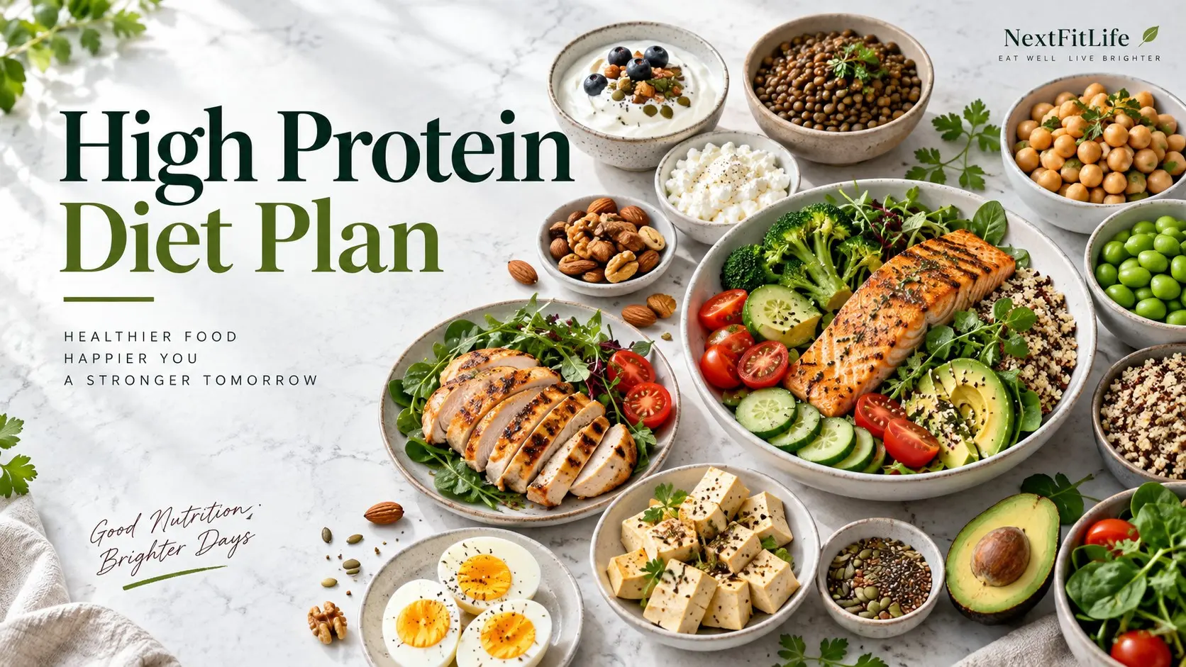 High Protein Diet Plan with fish chicken eggs yogurt tofu beans lentils vegetables and whole grains