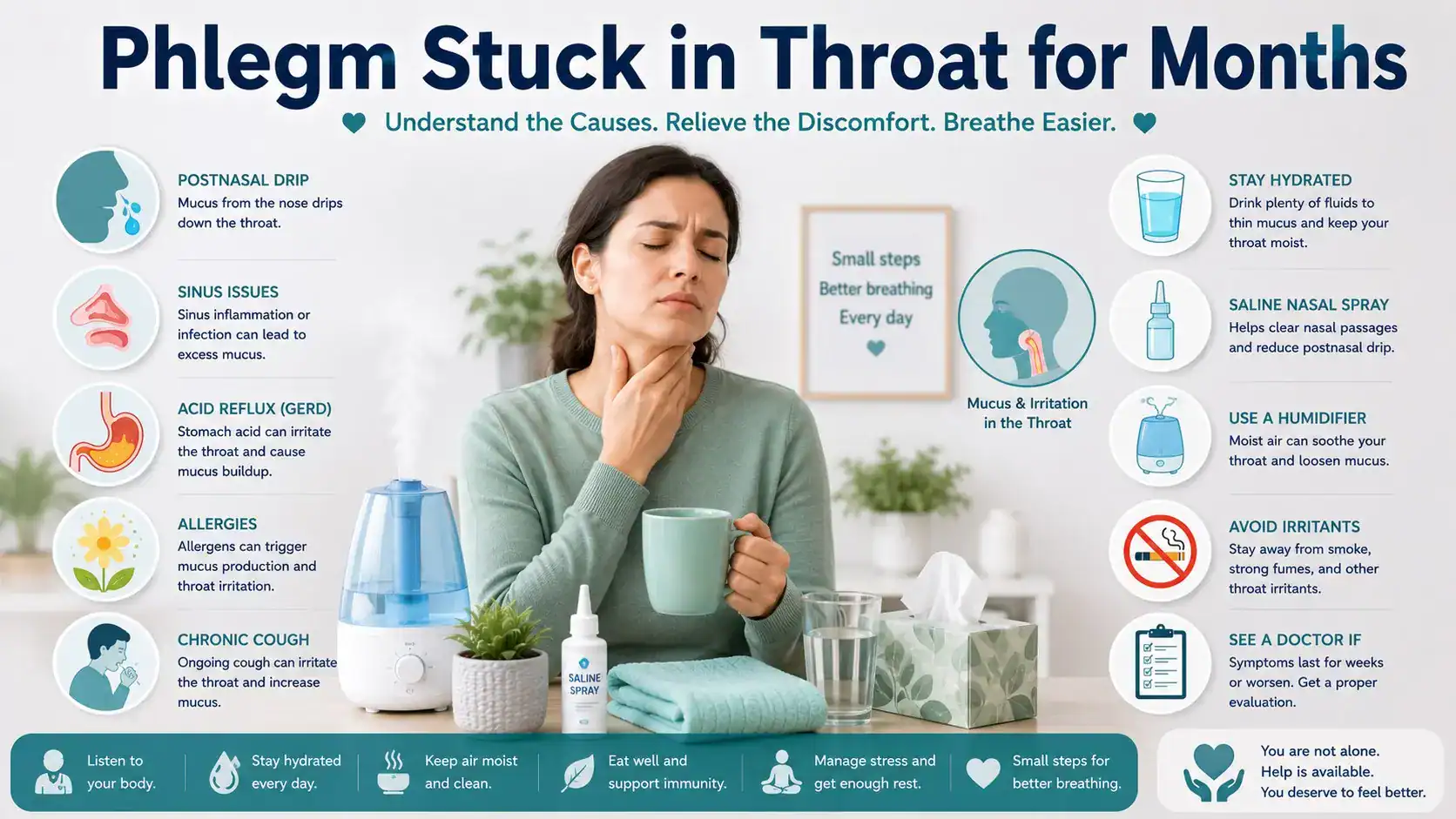Phlegm Stuck in Throat for Months guide with throat mucus icon, postnasal drip, reflux, allergies, sinus infection, cough, hydration, saline rinse, humidifier, and doctor checklist icons.