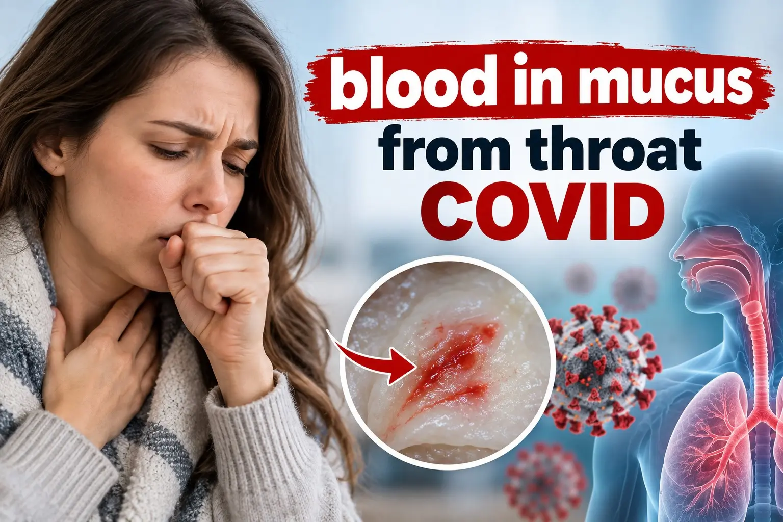 Blood in mucus from throat COVID guide showing cough, airway irritation, blood streaks in phlegm, lung warning signs, and medical assessment